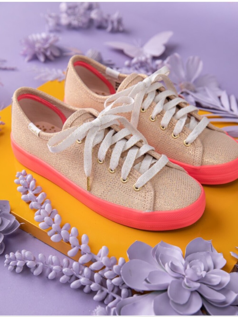 Keds x Oh Joy! Champagne Gold Glitter Sneakers Neon Pink Sole Size 9